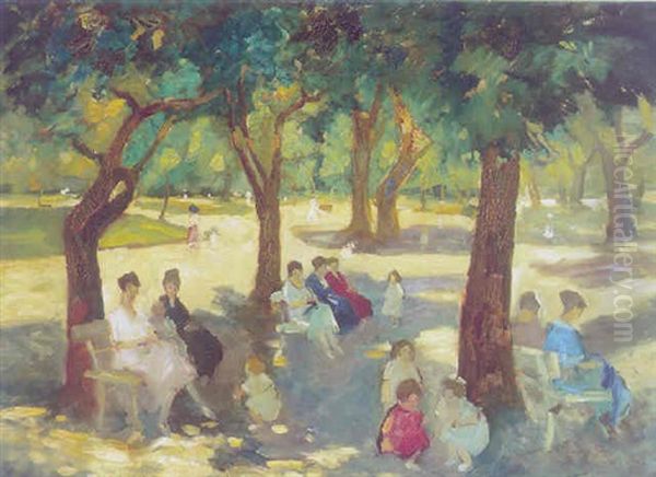 Sommerdag I Parken Med Moder Og Born Pa Baenke Under Traeer Oil Painting by Hans Ruzicka-Lautenschlaeger