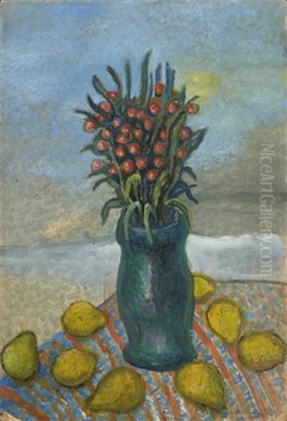 Nature Morte Au Bouquet De Pivoines Et Aux Citrons Oil Painting by Nicholai Ryabushinsky