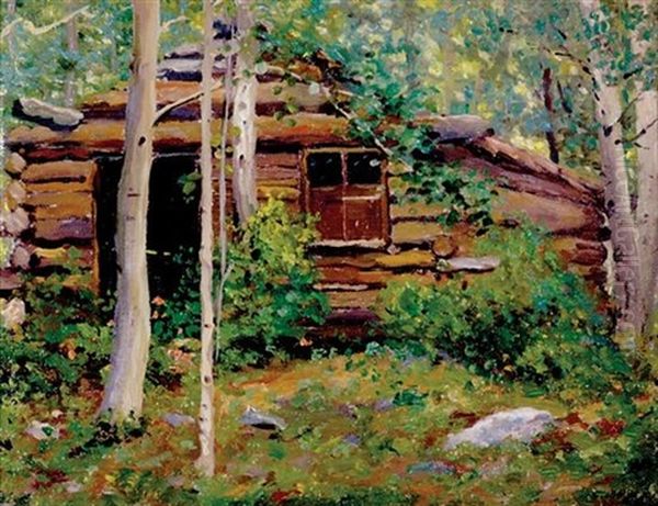 Log Cabin In Forest Oil Painting by Charles James Ryan