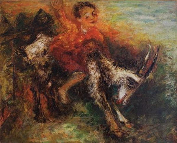 Boy Riding A Goat Oil Painting by Issachar ber Ryback