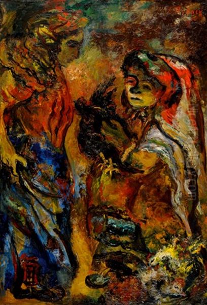 Women And A Cockerel Oil Painting by Issachar ber Ryback