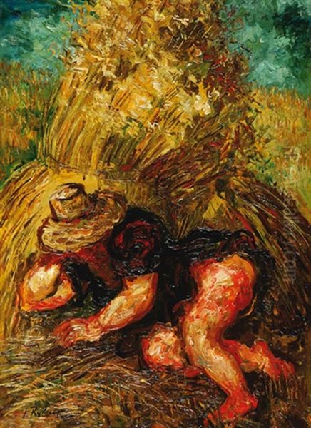 Woman In Hay Oil Painting by Issachar ber Ryback