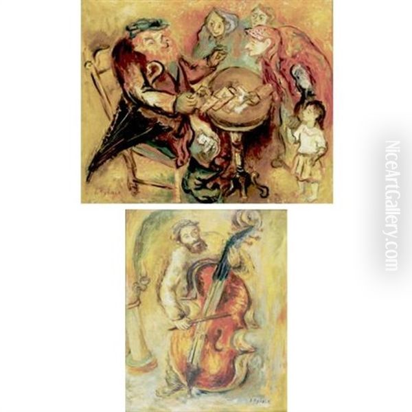 The Card Players (+ The Cello Player; 2 Works) Oil Painting by Issachar ber Ryback