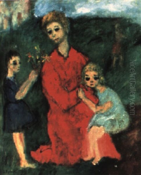 Woman And Two Children Oil Painting by Issachar ber Ryback