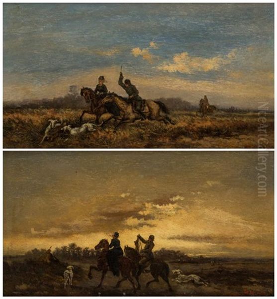 A Pair Of Equestrian Scenes Oil Painting by Tadeusz Rybkowski