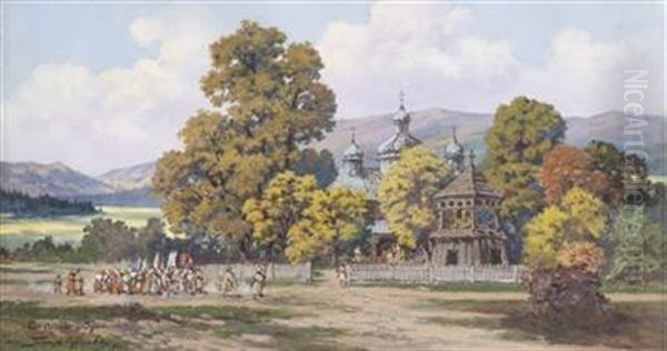 Prozession Zur Orthodoxen Kirche In Synowodzko Oil Painting by Tadeusz Rybkowski