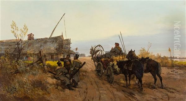 Zaprzeg Konny Na Drodze Oil Painting by Tadeusz Rybkowski