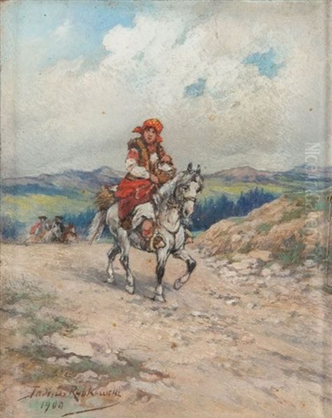 Goral Woman On A Horseback Oil Painting by Tadeusz Rybkowski