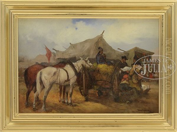 Figures In A Trading Camp With Horses And Cart Oil Painting by Tadeusz Rybkowski