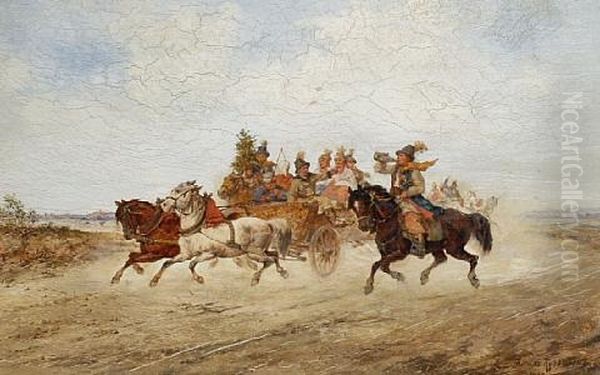 Villagers Riding To A Festival Oil Painting by Tadeusz Rybkowski