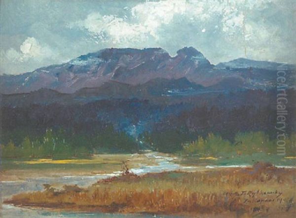 Flusslandschaft, Im Hintergrund Mit Gebirgsmassiv by Tadeusz Rybkowski