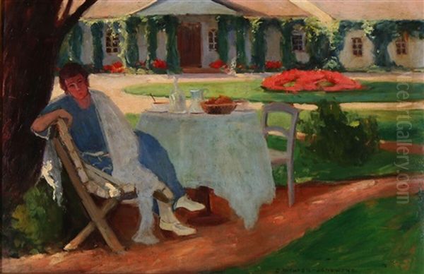 Garden Exterior With A Woman At A Table Oil Painting by Bronislawa Rychter-Janowska