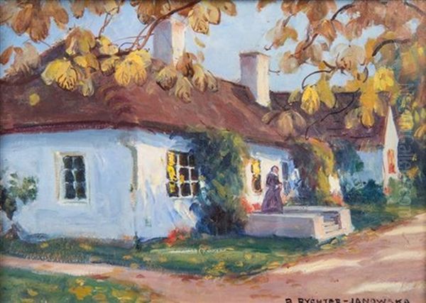 Manor House And Woman In Purple Dress With Autumn Foliage by Bronislawa Rychter-Janowska