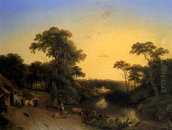 Gard, Vattendrag Och Boskap Oil Painting by Jacob Augustus de Ryck