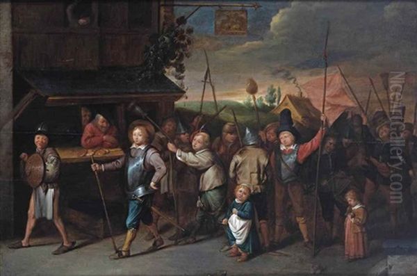 A Parade Of Children Dressed Up As Soldiers And Making Music Oil Painting by David Ryckaert III