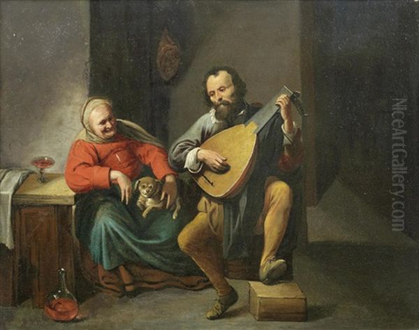 A Lute Player In An Interior Oil Painting by David Ryckaert III