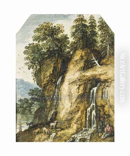 A Rocky Wooded Landscape With Shepherds Watering Their Goats By Streams Below Two Waterfalls Oil Painting by David Ryckaert III