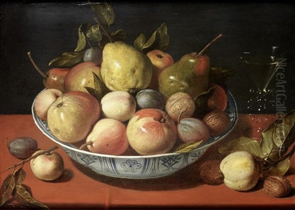 Apples, Pears, Plums And Other Fruit With Walnuts In A Wan-li Kraak Ware Bowl On A Draped Table-top, With A Glass Of Wine Oil Painting by David Ryckaert III