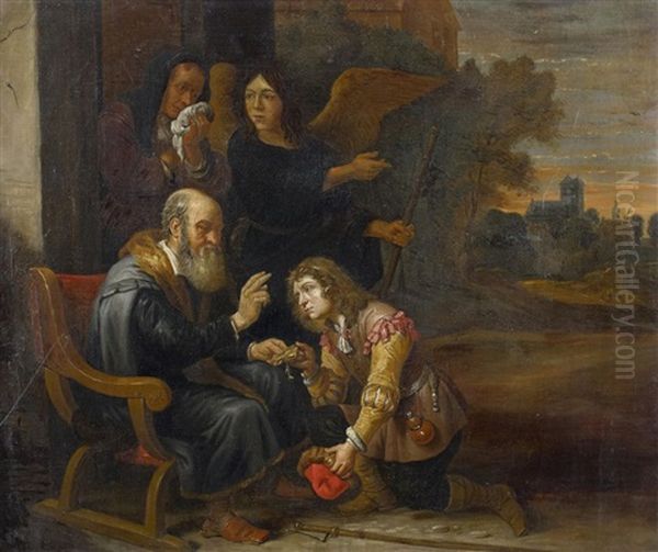 Der Engel Vor Der Familie Des Tobias Oil Painting by David Ryckaert III