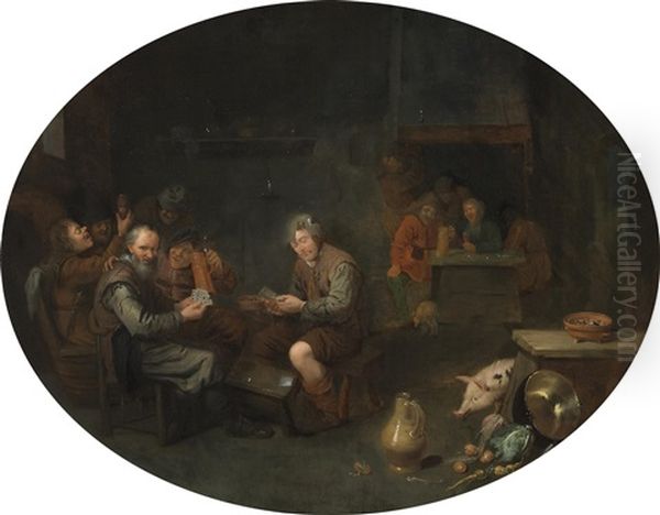 A Tavern Interior With Men Playing Cards Oil Painting by David Ryckaert III