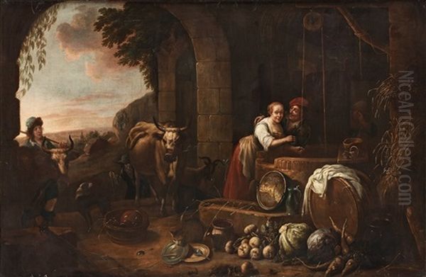 Figurer Och Kreatur Vid En Brunn Oil Painting by David Ryckaert III