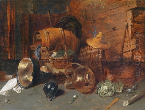 Bauerliches Interieur Mit Einem Fass, Kupfergefassen, Korben, Gemuse Und Einem Hut Oil Painting by David Ryckaert III