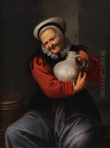 Alte Frau Mit Steinkrug Oil Painting by David Ryckaert III