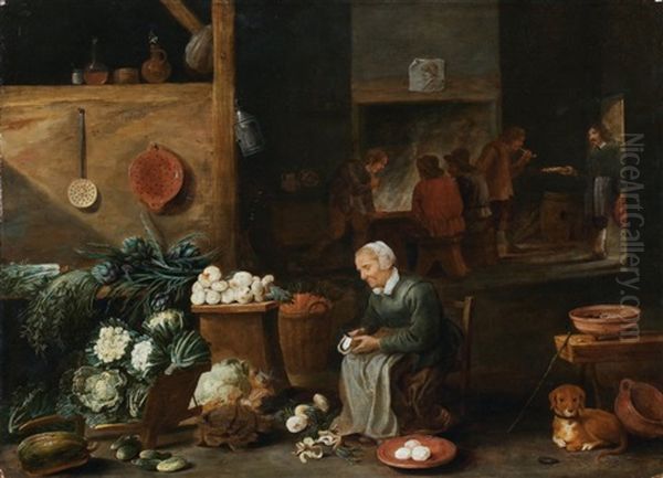 Cuisiniere Epluchant Des Legumes Dans Un Interieur Oil Painting by David Ryckaert III