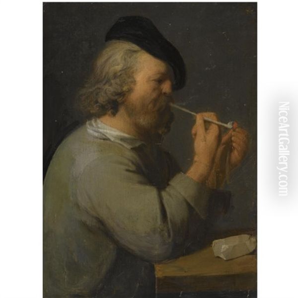 Study Of A Man Seated At A Table, Bearing A Black Beret And Lighting A Pipe Oil Painting by David Ryckaert III