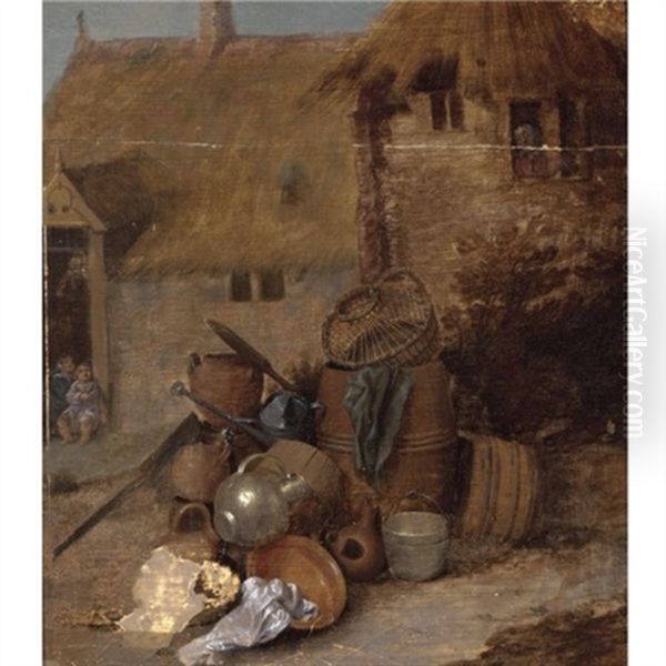 A Farm Yard With A Still Life With Barrels, A Copper Jug And Bucket, A Basket, A Watering-can And Earthenware Pots And Bowls, Peasants In A Farm Beyond Oil Painting by David Ryckaert III