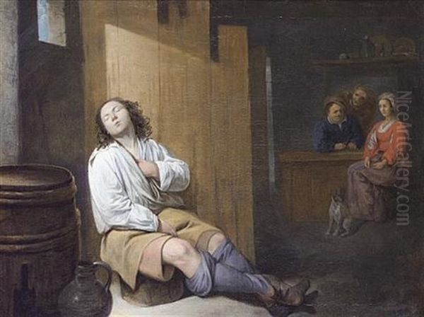 A Tavern Interior With A Young Man Asleep, Figures Seated At A Table Beyond Oil Painting by David Ryckaert III