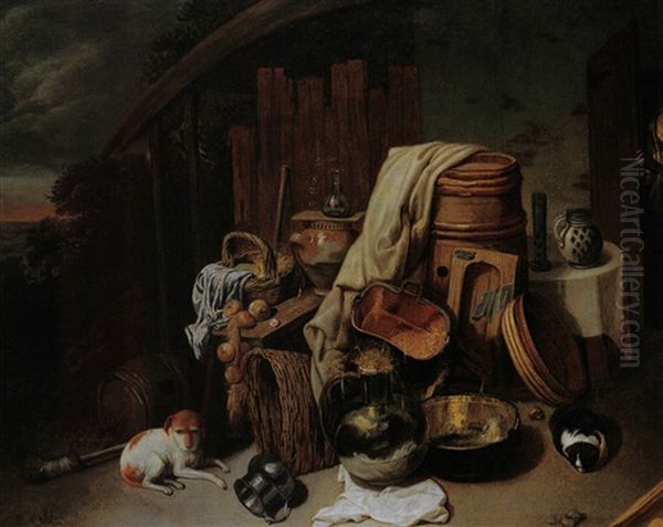 Kuchenutensilien Im Vorratslager Mit Hund Oil Painting by David Ryckaert III