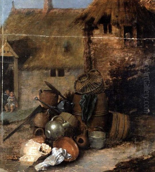 Still Life Of Pots And Pans In A Farmyard Oil Painting by David Ryckaert III