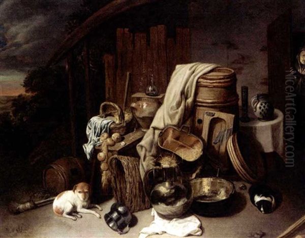 Still Life With Kitchen Utensils, Vegetables And A Dog And A Cat Oil Painting by David Ryckaert III