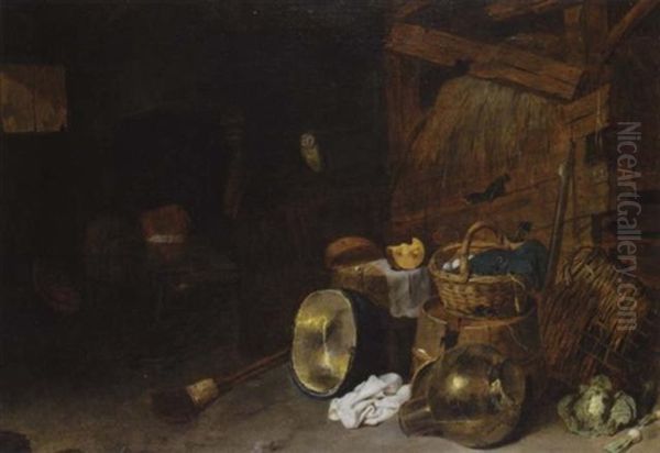 A Barn Interior With A Still Life Of Kitchen Utensils And An Owl, Two Men Beside A Fire Beyond Oil Painting by David Ryckaert III