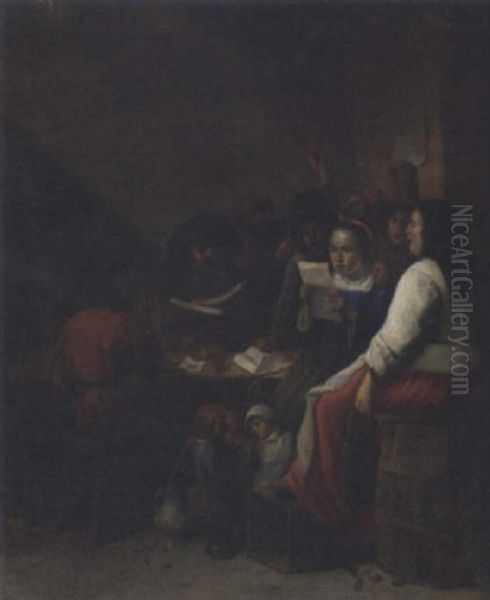 A Peasant Woman Reading A Letter In An Interior Accompanied By Carousing Boors Oil Painting by David Ryckaert III