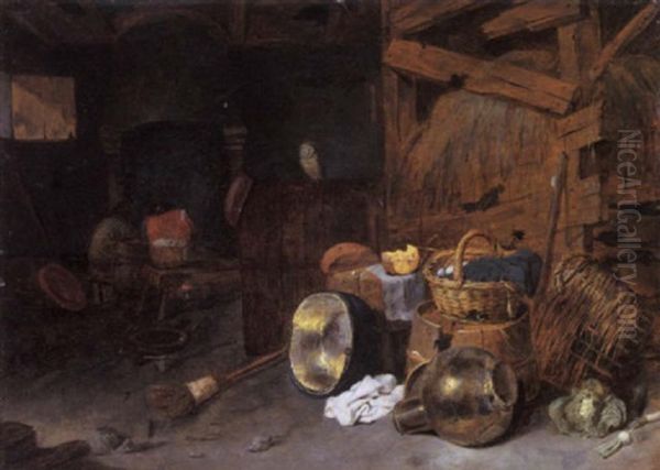 A Barn Interior With A Basket Of Eggs And Kitchen Utensils In The Foreground, An Owl And Two Peasants Beside A Fireplace Beyond Oil Painting by David Ryckaert III