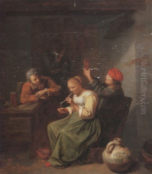 Peasants Drinking And Smoking In An Interior, A Salt-glazed Stoneware Vessel In The Foreground Oil Painting by David Ryckaert III