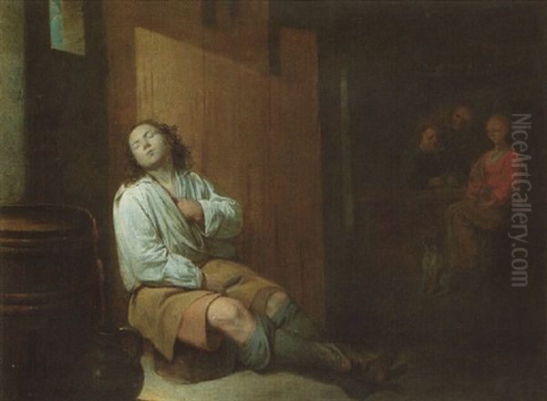 An Interior With A Young Man Sleeping In The Foreground, Other Figures Beyond Oil Painting by David Ryckaert III