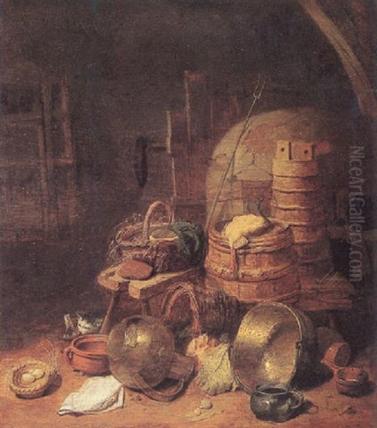 Barn Interior With A Still Life Of Baskets And Pots Oil Painting by David Ryckaert III