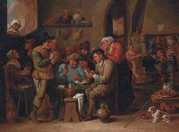 Peasants Playing Cards In A Tavern Interior Oil Painting by David Ryckaert III