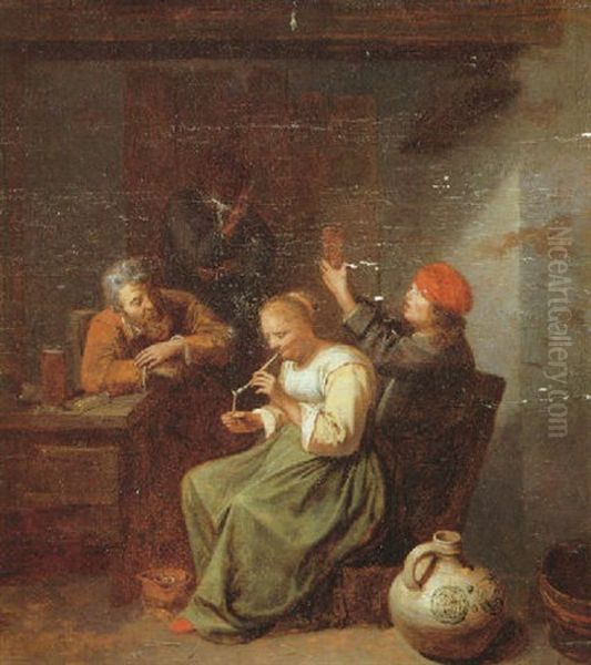 Peasants Drinking And Smoking In An Interior, A Salt-glazed Stoneware Vessel In The Foreground by David Ryckaert III