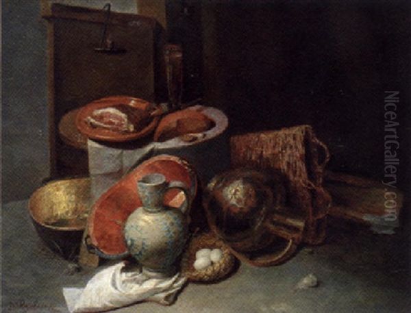 Copper Pots, A Stoneware Jug, A Bird's Nest And A Basket With A Dish Of Ham, A Cheese And A Glass On A Partially Draped Table Oil Painting by David Ryckaert III