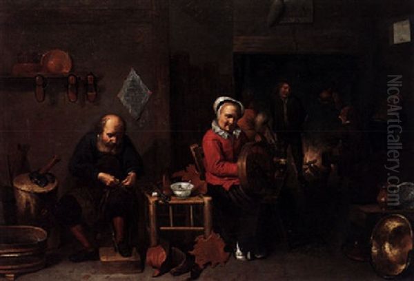 A Peasant Interior With A Cobbler, A Woman At Her Spinning Wheel, And Other Figures By The Hearthside Oil Painting by David Ryckaert III