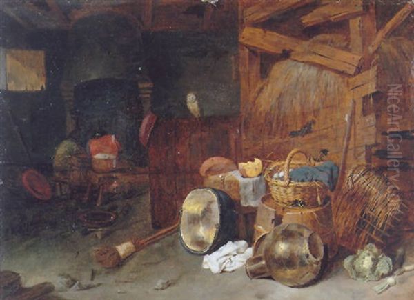 The Interior Of A Barn With A Still Life Of A Basket Of Eggs And Kitchen Utensils In The Foreground Oil Painting by David Ryckaert III