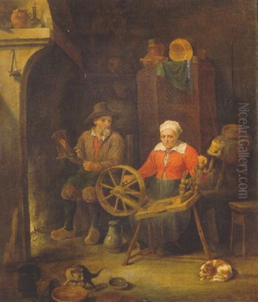 A Peasant Couple At A Spinning Weel By A Fire In A Barn Oil Painting by David Ryckaert III