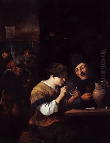 Scene D'auberge Avec Une Fumeuse Et Un Buveur Oil Painting by David Ryckaert III