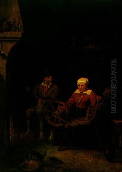 An Old Man And An Old Woman Spinning Oil Painting by David Ryckaert III