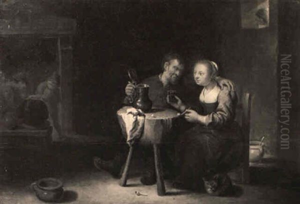 The Interior Of A Tavern With An Amorous Couple Drinking At A Table Oil Painting by David Ryckaert III