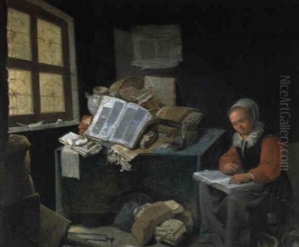 Lesende Frau An Einem Tisch Mit Folianten Oil Painting by David Ryckaert III